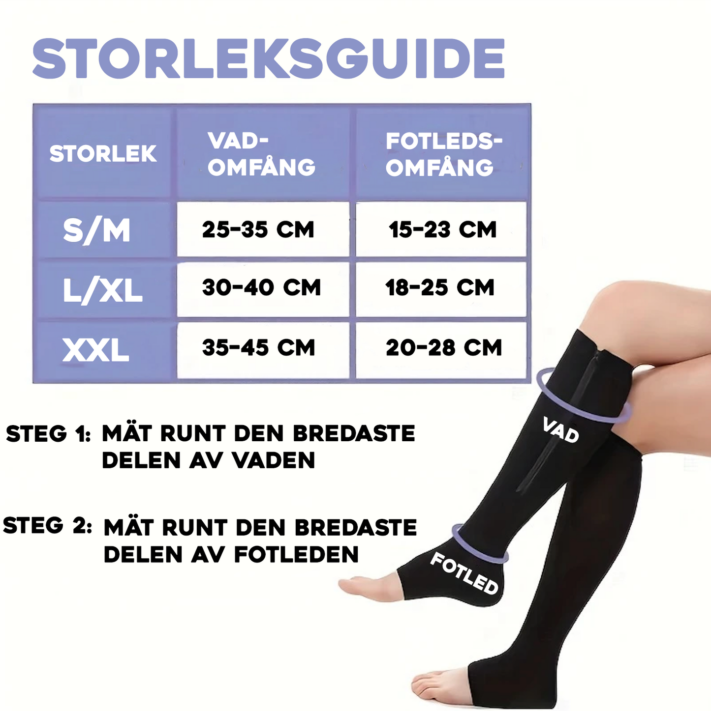 Storleksguide för stödstrumpor med blixtlås. Tabell över vad och fotledsmått samt illustration av hur man mäter.