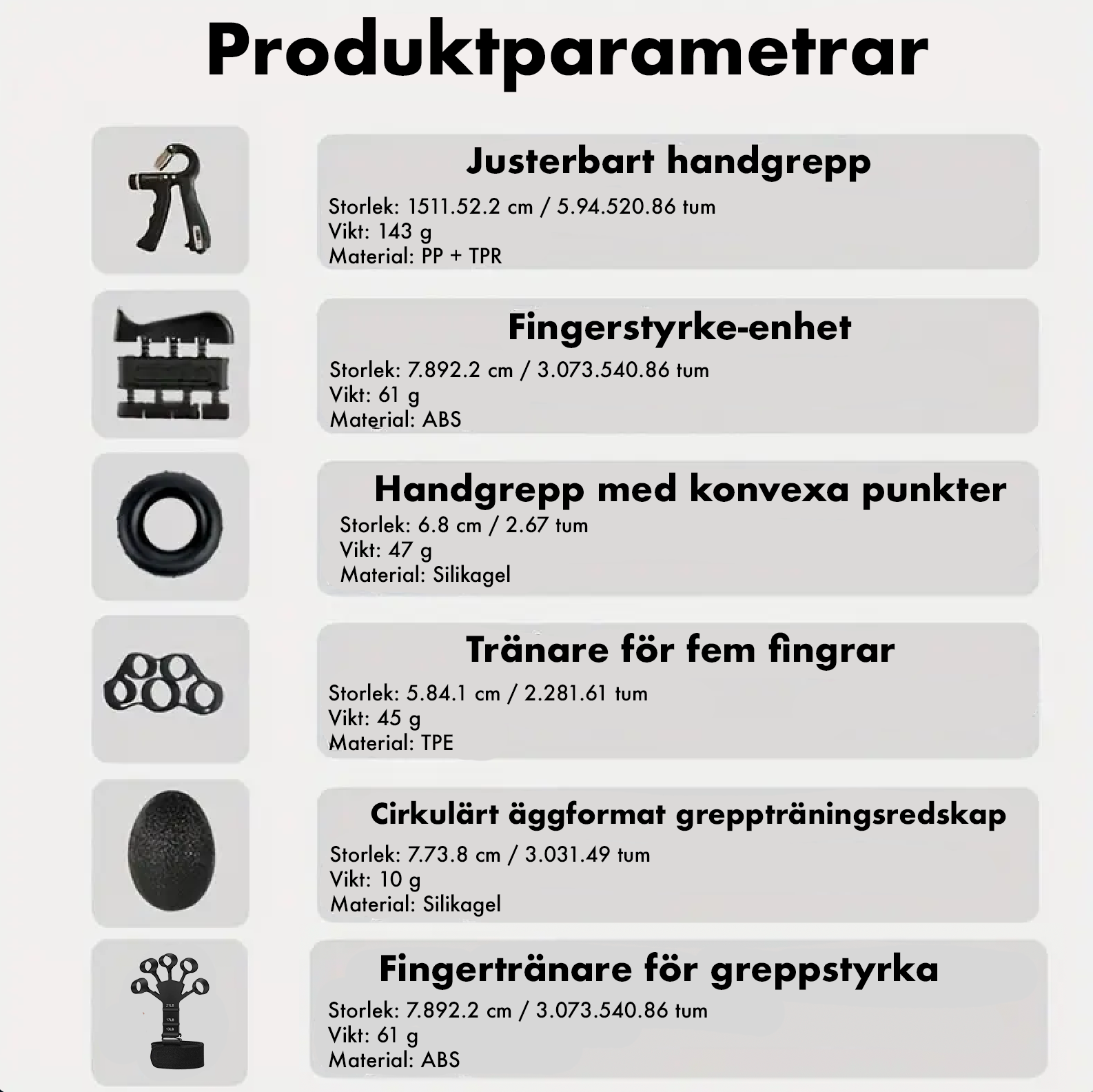 Bild med produktparametrar för greppstyrkeset, som visar storlek, vikt och material för olika handträningsredskap.