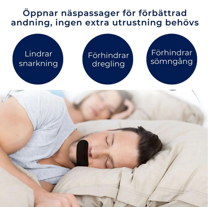 Man som sover med muntejp samt grafik som visar att muntejp lindrar snarkning, förhindrar dregling och sömngång