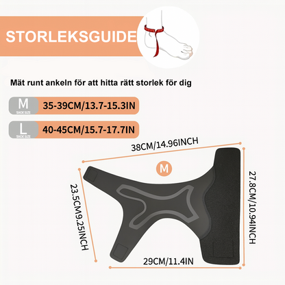 Storleksguide för fotledsstöd med mått och anvisning hur man mäter runt ankeln