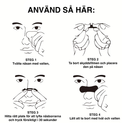 Illustration som visar fyra steg för hur man använder en näsremsa: tvätta näsan, ta bort skyddsfilm, placera remsan över näsan och ta bort med vatten.