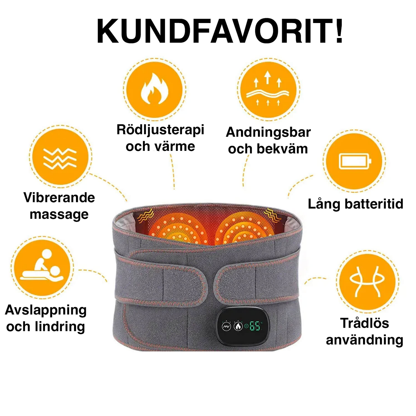 Trådlöst värmebälte för rygg och midja med rödljusterapi, vibrerande massage, lång batteritid och trådlös användning