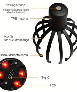 Elektrisk huvudmassageapparat med LED-ljus, TPE-material och USB-C-laddning, visad med tydliga funktionsmarkeringar.