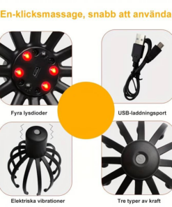 Översiktsbild av elektrisk huvudmassageapparat med LED-ljus, USB-laddning och 360° vibrationsfunktion.