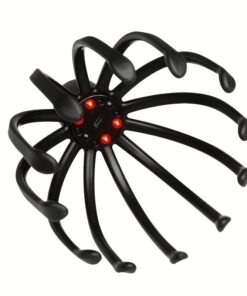 Elektrisk huvudmassageapparat med rött LED-ljus och flexibla massagearmar.