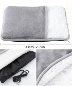 Mjuk USB-driven fotvärmare med mått och detaljbilder