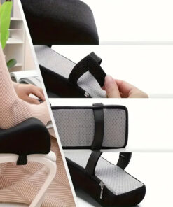 Ergonomiska armstödskuddar i minnesskum med kardborre, visade i närbild och i användning på kontorsstol