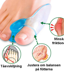 Illustration som visar hur en tåseparerare minskar friktion, skiljer åt tårna och ger bättre balans.