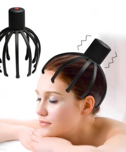 Elektrisk huvudmassageapparat som masserar hårbotten på en avslappnad kvinna.