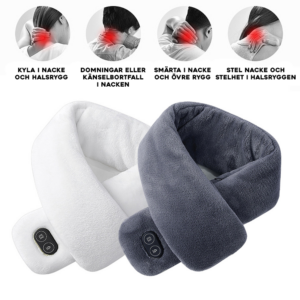 Uppvärmd halsduk i flera färger med tydliga värmelägen för nacke och axlar