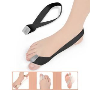 Tåseparator för hallux valgus placerad runt stortån med justerbart band