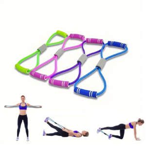 Träningsband med handtag i olika färger och övningar